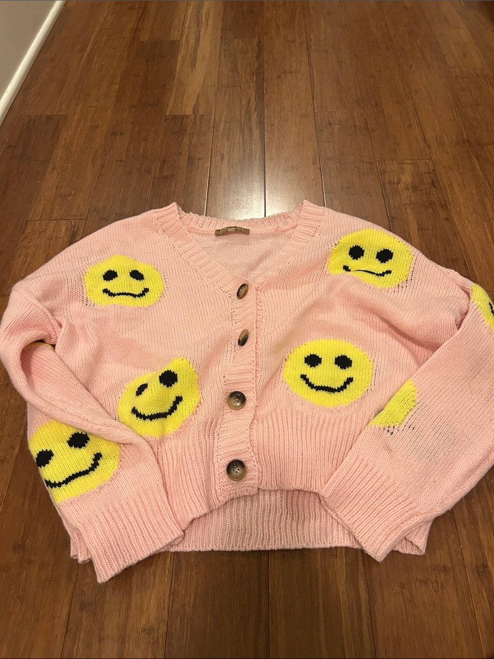 Pink Smiley-Print Button Cardigan Sweater from a Boutique